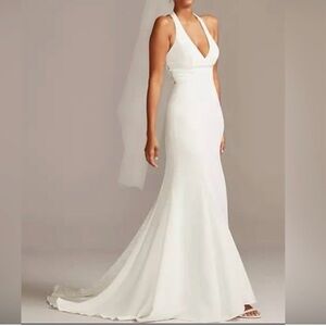 DAVID'S BRIDAL Sheer Back Crepe Wedding Dress with Lace Train